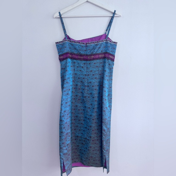 Nicole Miller Blue and Purple Silk Dress, Spaghetti Straps, Beaded Bodice - Picture 6 of 7